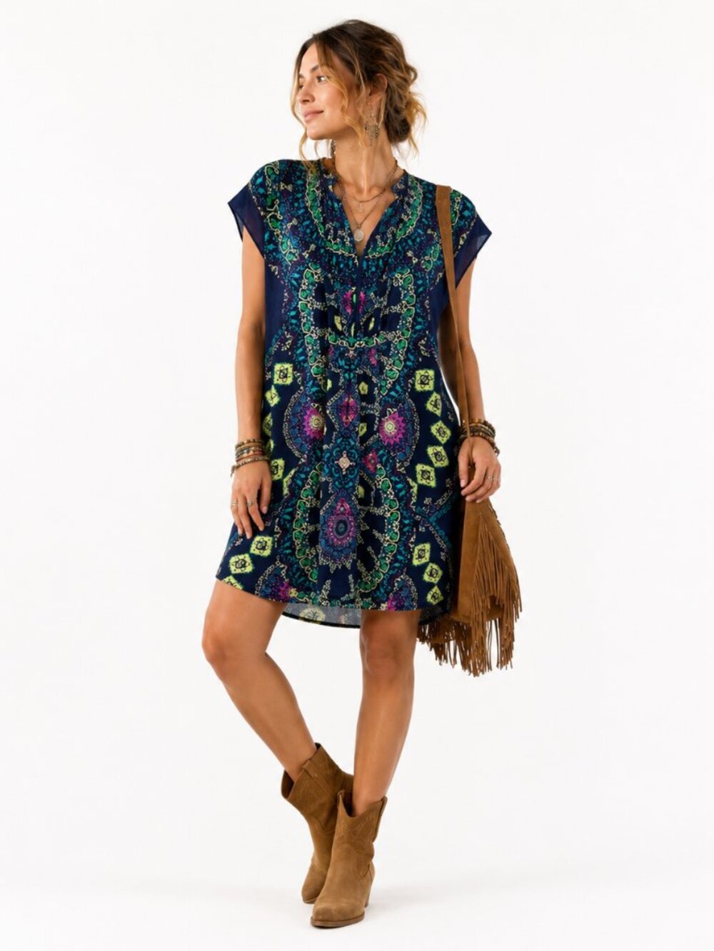 Maeve Anthropologie Silk Medallion Dress Women's S Blue Boho Peasant Chic Midi